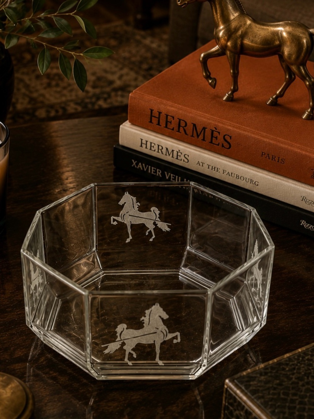 Vintage Equestrian Etched Glass Bowl | 9” Octagonal Centerpiece Bowl | France